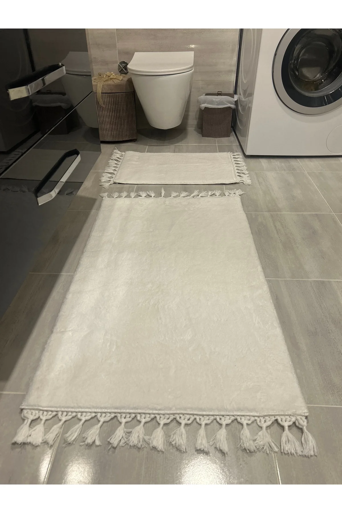 Peluş Puffy Kaymaz Taban Yumuşak Banyo Paspas Takımı Beyaz Dikdörtgen