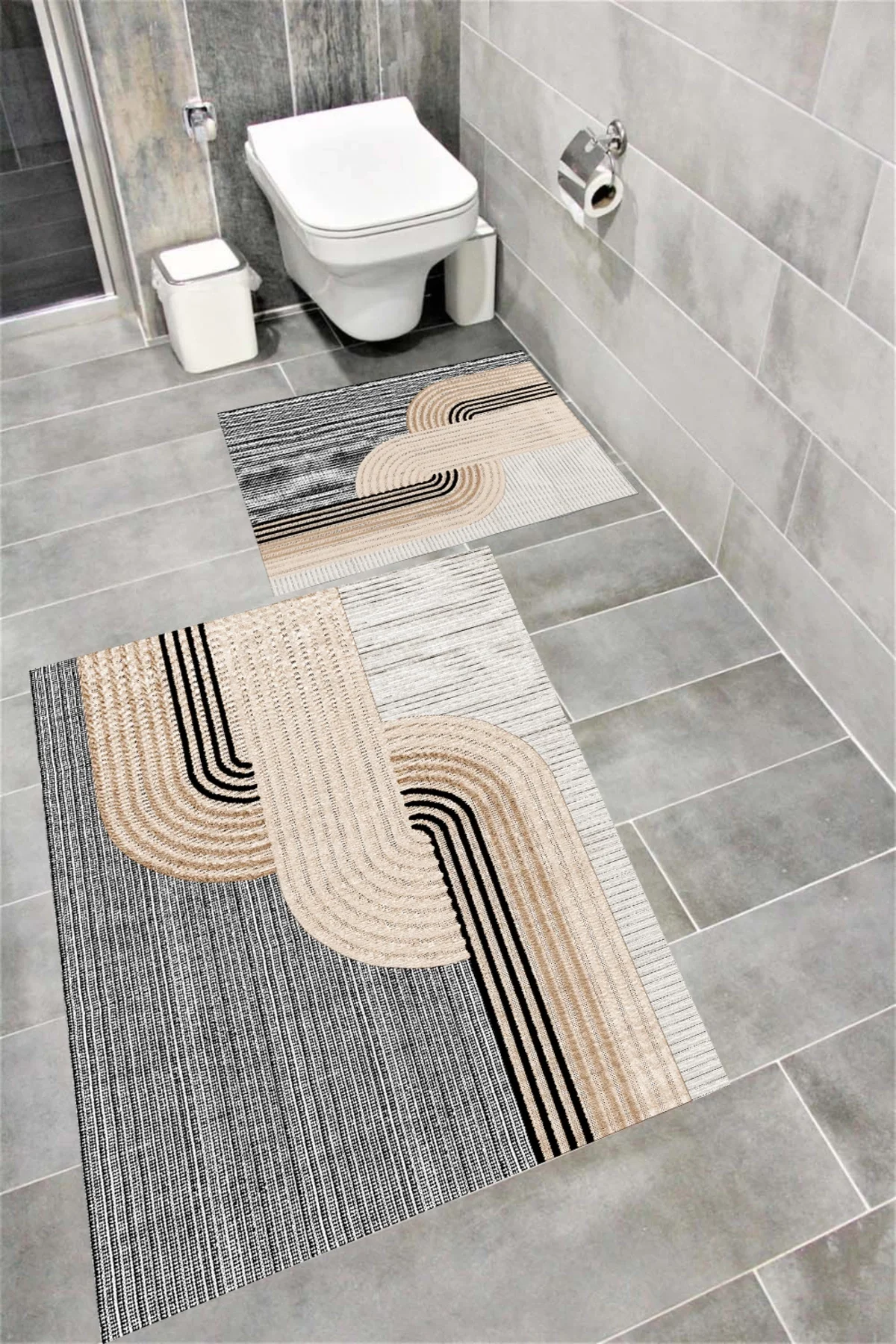 Kaymaz Tabanlı Suya Dayanıklı Dijital Baskılı Banyo Paspası Takımı | Bordo Halı 1510