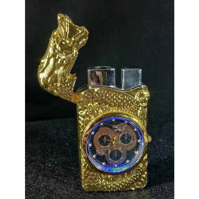 Ejderha Detaylı Işıklı Lüks Gazlı Saatli Çakmak