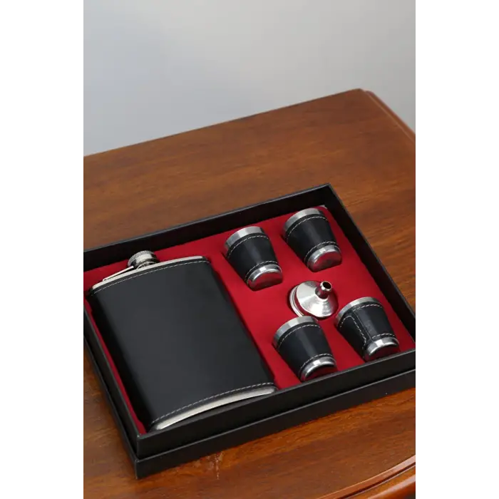 Paslanmaz Çelik 4 Bardaklı Derili Matara Seti