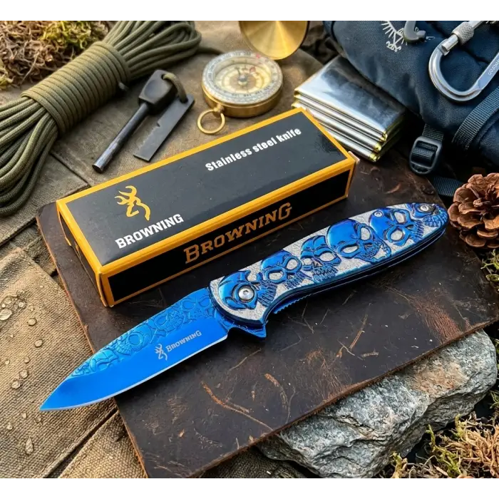 Knivox Browning 2955BL Mavi Kuru Kafa Desenli Kamp Çakısı