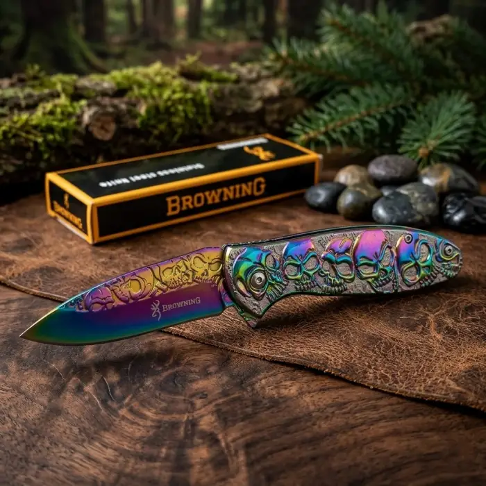 Knivox Browning 2955RB Gökkuşağı Kuru Kafa Desenli Kamp Çakısı