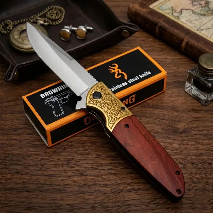 Knivox Browning İşlemeli Ahşap Kabze Kamp Çakısı