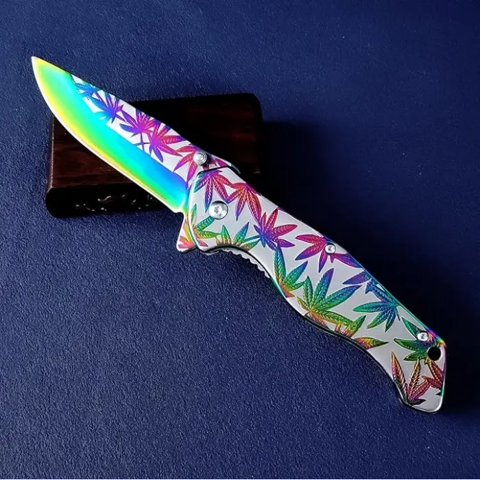 AlsepeteAvm GökkuşağI Yaprak Desenli Yarı Auto Kamp Çakısı