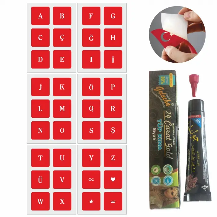 Düz Yazı Harfler Hint Kınası ile Geçici Dövme Yapma Seti