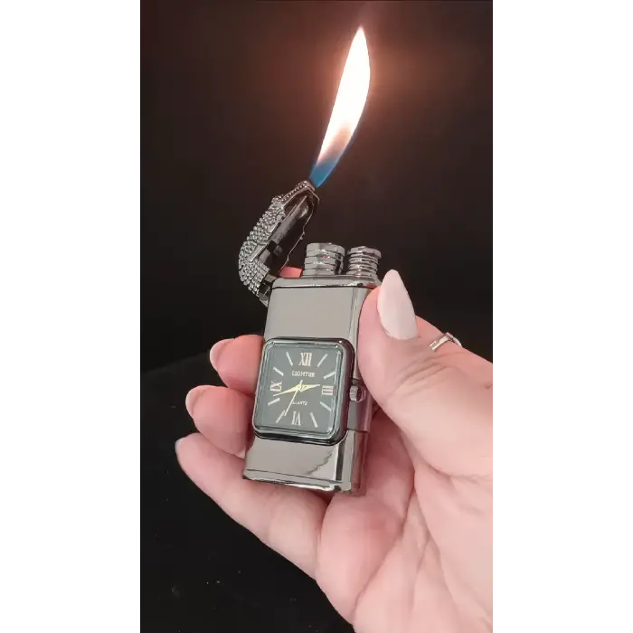 Füme Metal Timsah Başlıklı Saatli Jet Alevli Çakmak