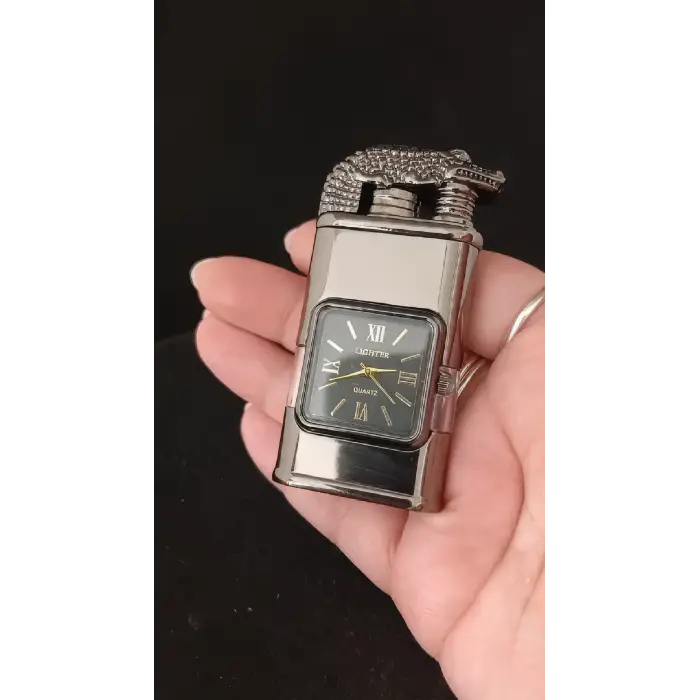 Füme Metal Timsah Başlıklı Saatli Jet Alevli Çakmak