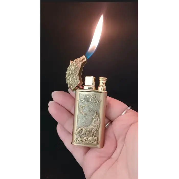Gold Kaplama Kurt Figürlü Türkiye Temalı Jet Alevli Çakmak
