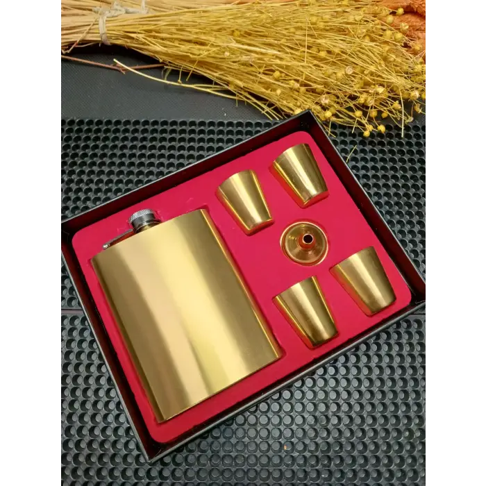 AlsepeteAvm  Gold Paslanmaz Çelik 4 Bardaklı Hunili Matara Seti