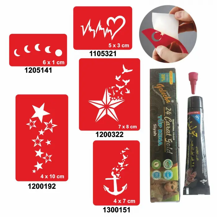 Kalp ve Yıldız Desenleri Hint Kınası ile Geçici Dövme Yapma Seti