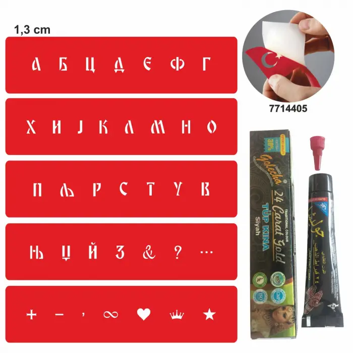 Kiril Alfabe Şerit Harf Hint Kınası ile Geçici Dövme Yapma Seti
