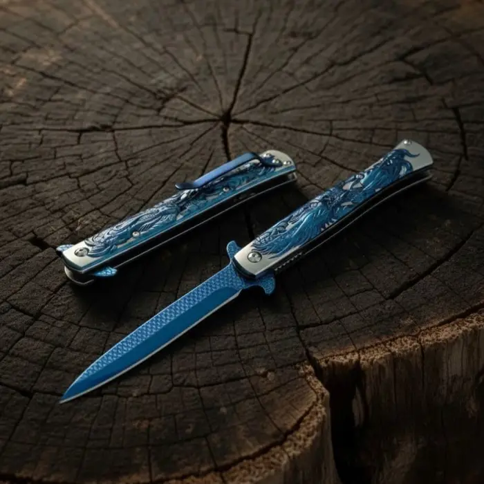 Knivox Blue Titanyum Kaplama Ejderha İşlemeli Kamp Çakısı