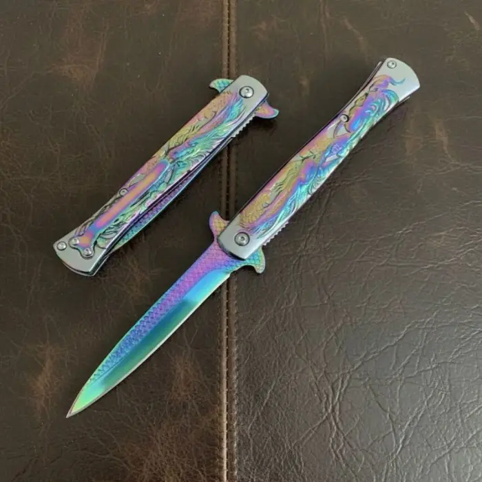 Knivox Rainbow Titanyum Kaplama Ejderha İşlemeli Kamp Çakısı