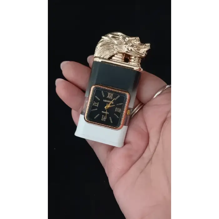 Lüks Tasarım Ejder Figürlü Roma Rakamlı Saatli Gazlı Çakmak