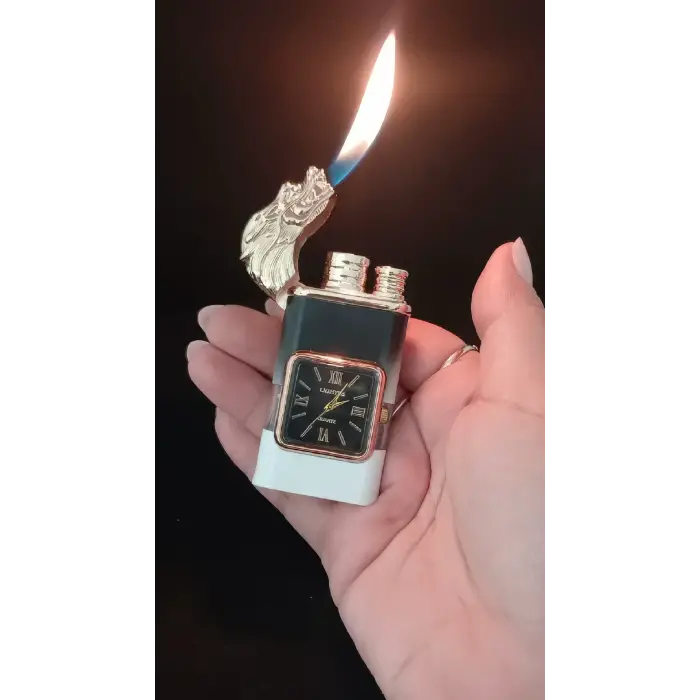 Lüks Tasarım Ejder Figürlü Roma Rakamlı Saatli Gazlı Çakmak