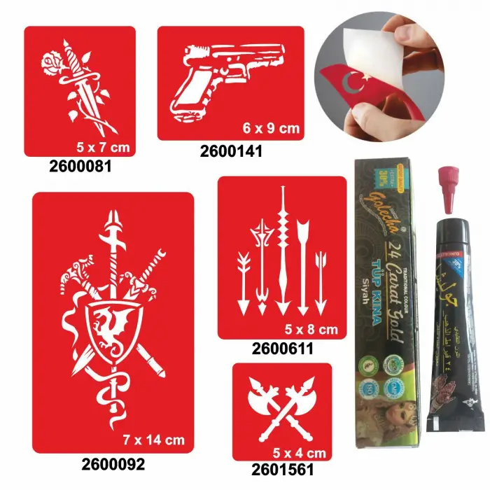 Savaş Aletleri Desenleri Hint Kınası ile Geçici Dövme Yapma Seti