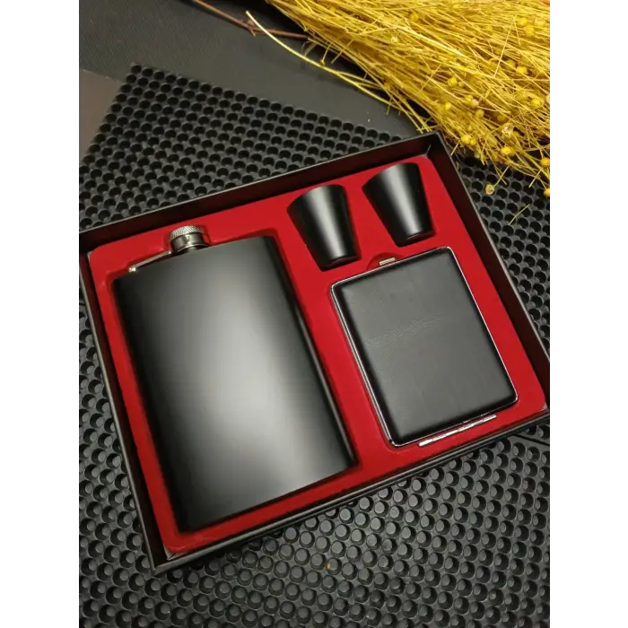 AlsepeteAvm  Siyah Paslanmaz Çelik 2 Shot Bardak Ve Sigara Tabakalı Matara Seti