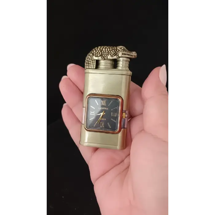 Timsah Başlıklı Antik Gold Saatli Çakmak