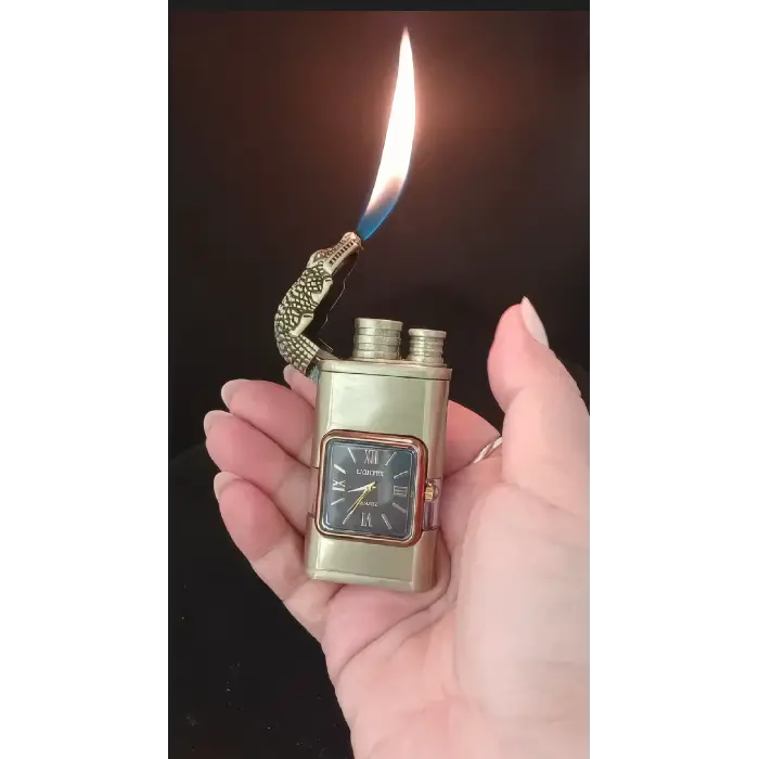 Timsah Başlıklı Antik Gold Saatli Çakmak