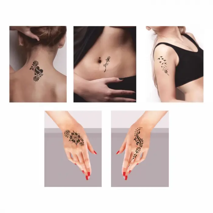 Tüy ve Çiçek Desenleri Hint Kınası ile Geçici Dövme Yapma Seti