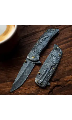 AlsepeteAvm FXT-2370 Geyik İşlemeli Siyah Manuel Kamp Çakısı