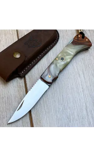 El Yapımı Ceviz Kök Ahşap Kabze Deri Kılıflı Cep Çakısı