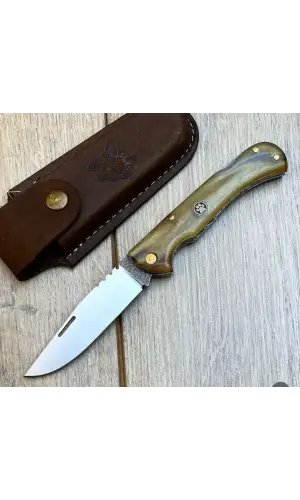 El Yapımı Koç Boynuzu Kabze 4116 Çelik Deri Kılıflı Cep Çakısı