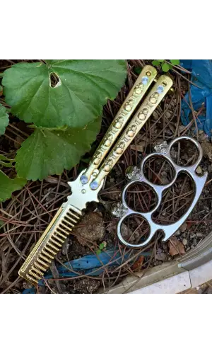 El Yapımı Perçinli Gold Kuru Kafa Desenli Punch Hediyeli Tarak Kelebek