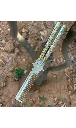 El Yapımı Perçinli Gold Kuru Kafa Desenli Tarak Kelebek Çakı