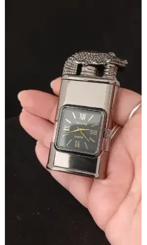 Füme Metal Timsah Başlıklı Saatli Jet Alevli Çakmak