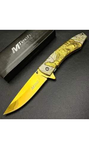 Knivox MT-1005B Kurt İşlemeli Gold Auto Kamp Çakısı