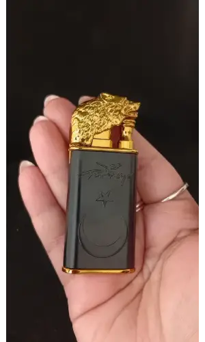 Mat Siyah Lüks Hediye Çakmak - Gold Kurt Figürlü Ay Yıldız Kabartmalı