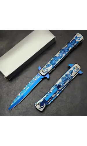 Mavi Gül İşlemeli Kamp Çakısı