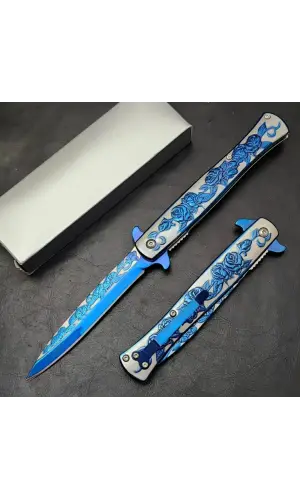 Mavi Gül İşlemeli Kamp Çakısı