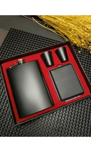 Siyah Paslanmaz Çelik 2 Shot Bardak Ve Sigara Tabakalı Matara Seti