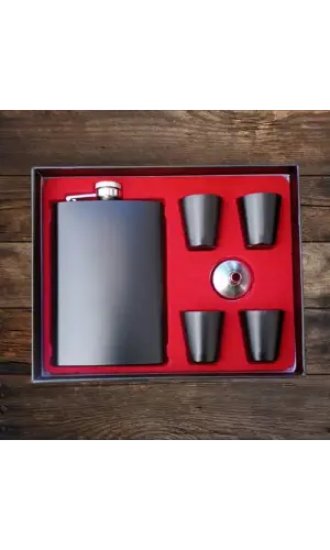 Siyah Paslanmaz Çelik 4 Shot Bardaklı Hunili Matara Seti