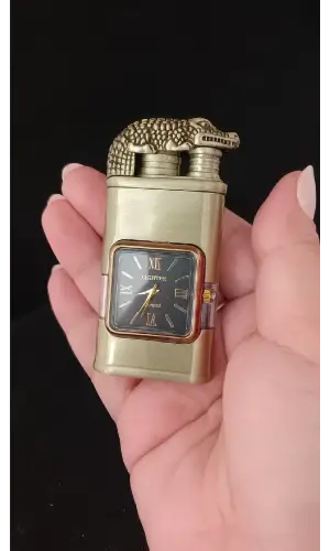 Timsah Başlıklı Antik Gold Saatli Çakmak