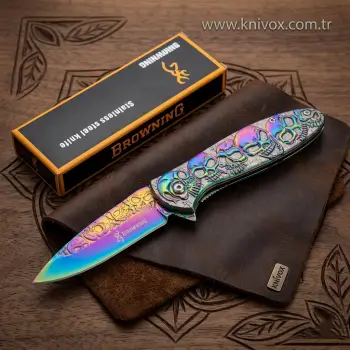 Knivox Browning 2955RB Gökkuşağı Kuru Kafa Desenli Kamp Çakısı