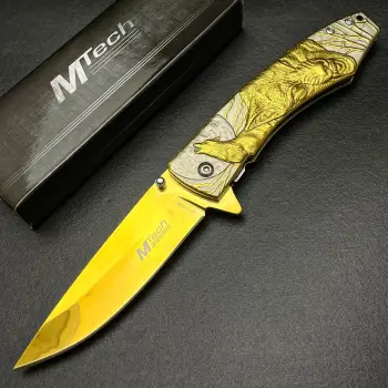 Knivox Mtech MT-1005B Kurt İşlemeli Gold Auto Kamp Çakısı