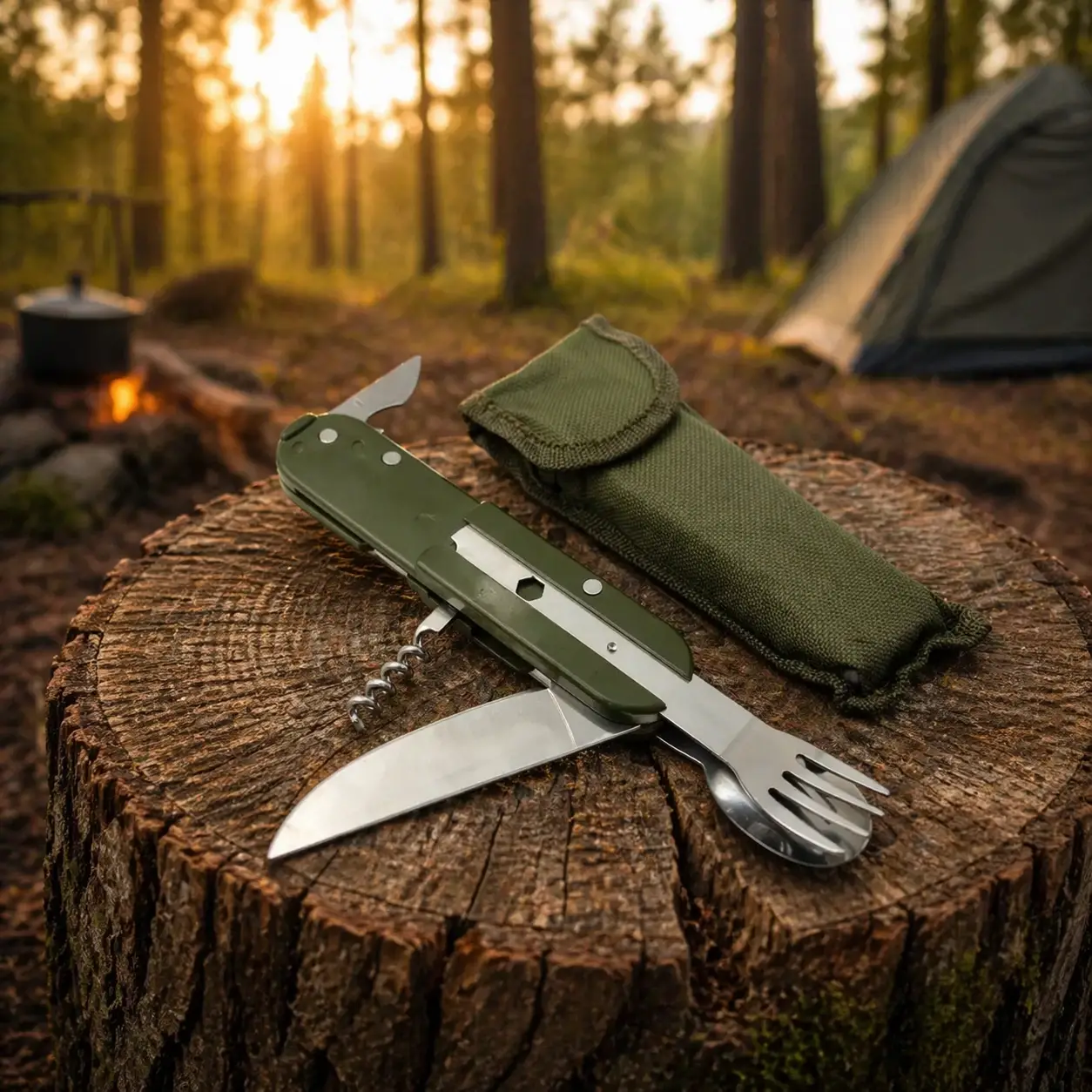 Knivox Çok Fonksiyonlu Paslanmaz Çelik Kamp Çakısı - Çatal Kaşık Açacaklı Outdoor Set