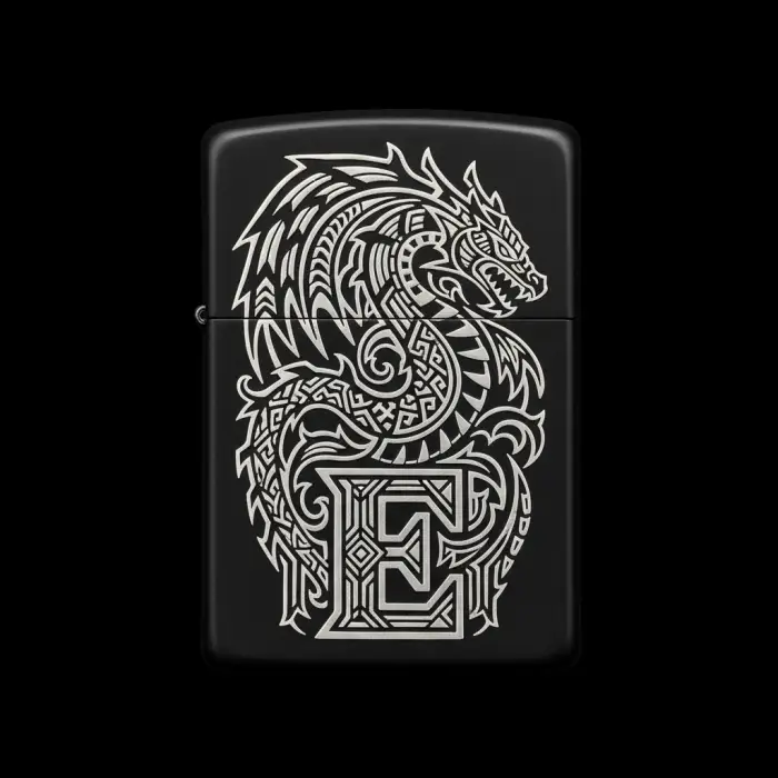 Benzinli Çakmak Ejderha Figürlü E Harfli Tasarım - V14