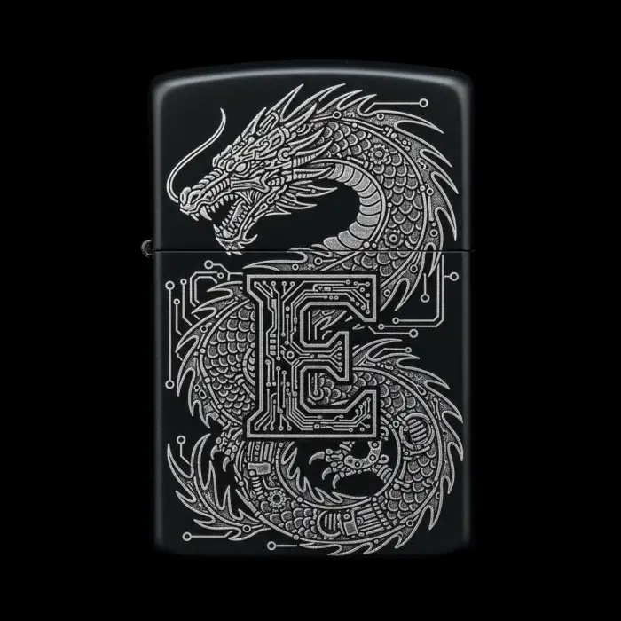 Benzinli Çakmak Ejderha Figürlü E Harfli Tasarım - V28