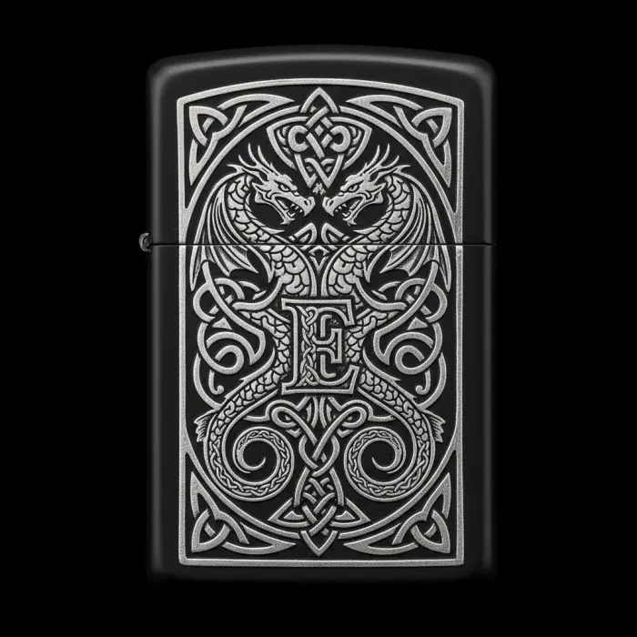 Benzinli Çakmak Ejderha Figürlü E Harfli Tasarım - V3