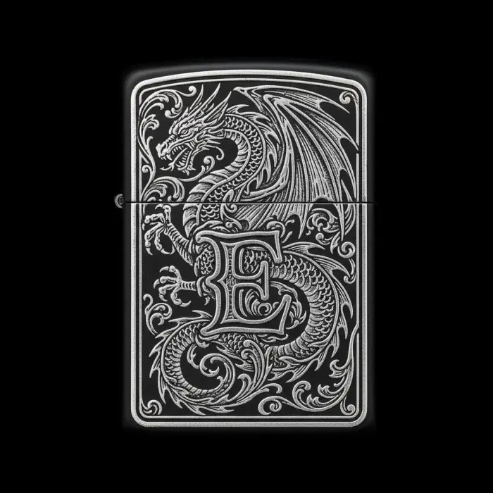 Benzinli Çakmak Ejderha Figürlü E Harfli Tasarım - V42