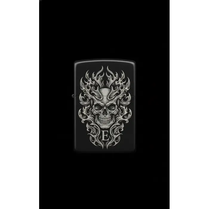 Benzinli Çakmak Kuru Kafa Figürlü E Harfli Tasarım - V28