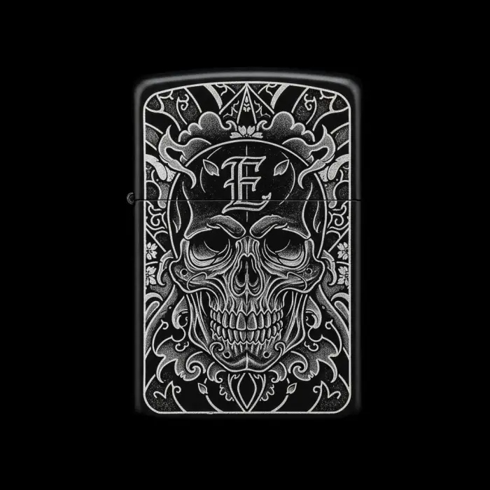 Benzinli Çakmak Kuru Kafa Figürlü E Harfli Tasarım - V58