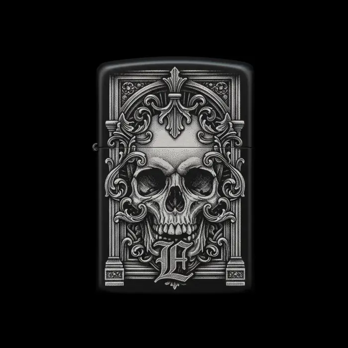 Benzinli Çakmak Kuru Kafa Figürlü E Harfli Tasarım - V75