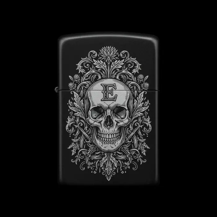 Benzinli Çakmak Kuru Kafa Figürlü E Harfli Tasarım - V83