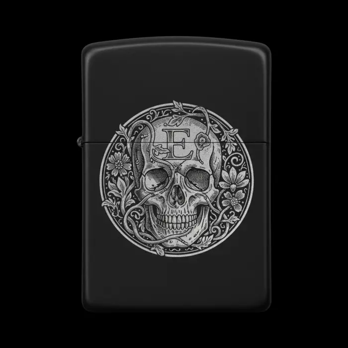 Benzinli Çakmak Kuru Kafa Figürlü E Harfli Tasarım - V9