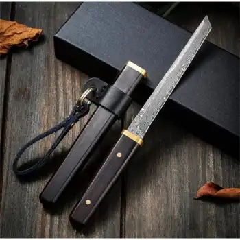 Knivox Liuzhangyu BH917 Damascus Mini Katana Tanto Bıçak - Abanoz Ahşap Kılıflı